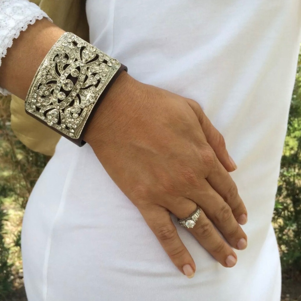 Rhinestone Brown Leather Cuff Bracelet